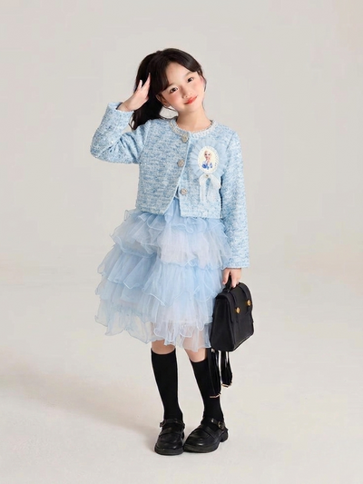 Stylish Lite Blue Baby Girl Winter Dress with Layered Bushy Frock & Fancy Jacket