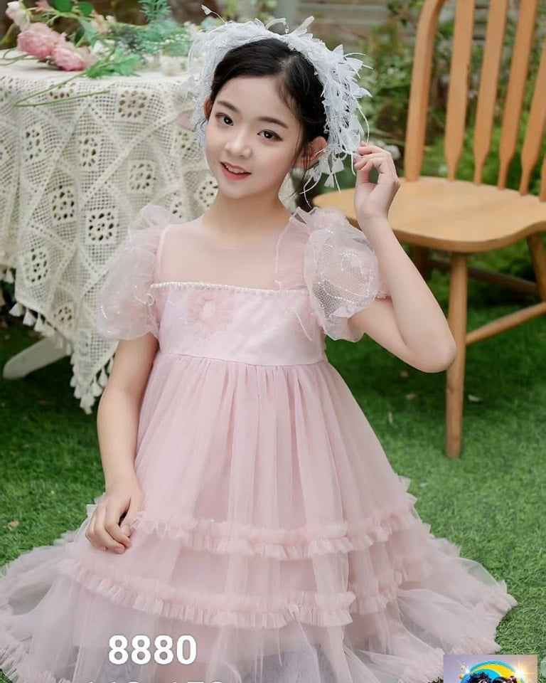 Beautiful pink Caroline Pearl Princess dress with delicate pearl embellishments, enchanting girls summer party dress for holidays and celebrations