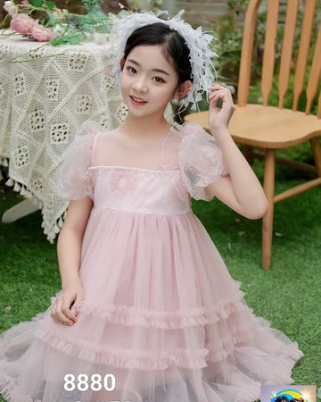 Beautiful pink Caroline Pearl Princess dress with delicate pearl embellishments, enchanting girls summer party dress for holidays and celebrations
