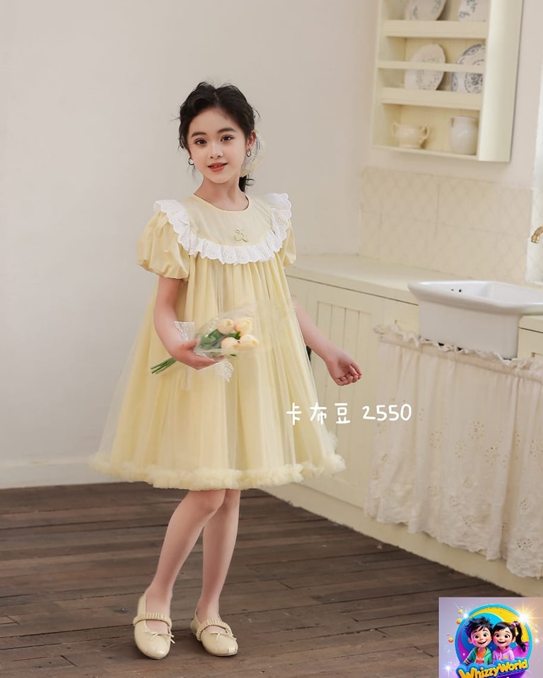 Cute light yellow girls summer lace dress with delicate lace trim and ruffle sleeves, charming breathable girls party dress for warm weather