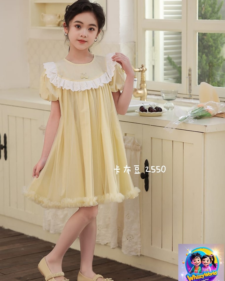 Girls Summer Lace Dress - Cute Light Yellow Ruffle Sleeve Dress