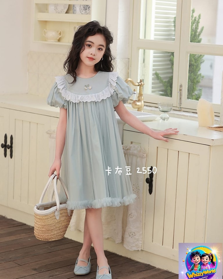 Girls Lace Trim Ruffle Sleeve Dress - Elegant Summer Dress for Little Girls (Ash)