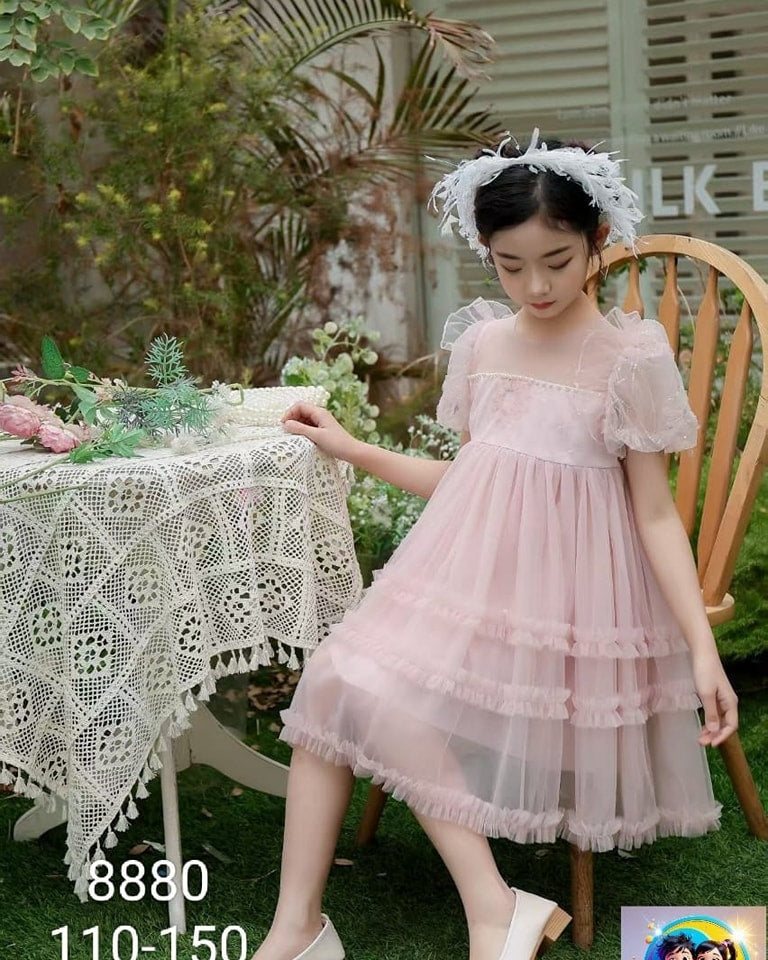 Beautiful pink Caroline Pearl Princess dress with delicate pearl embellishments, enchanting girls summer party dress for holidays and celebrations