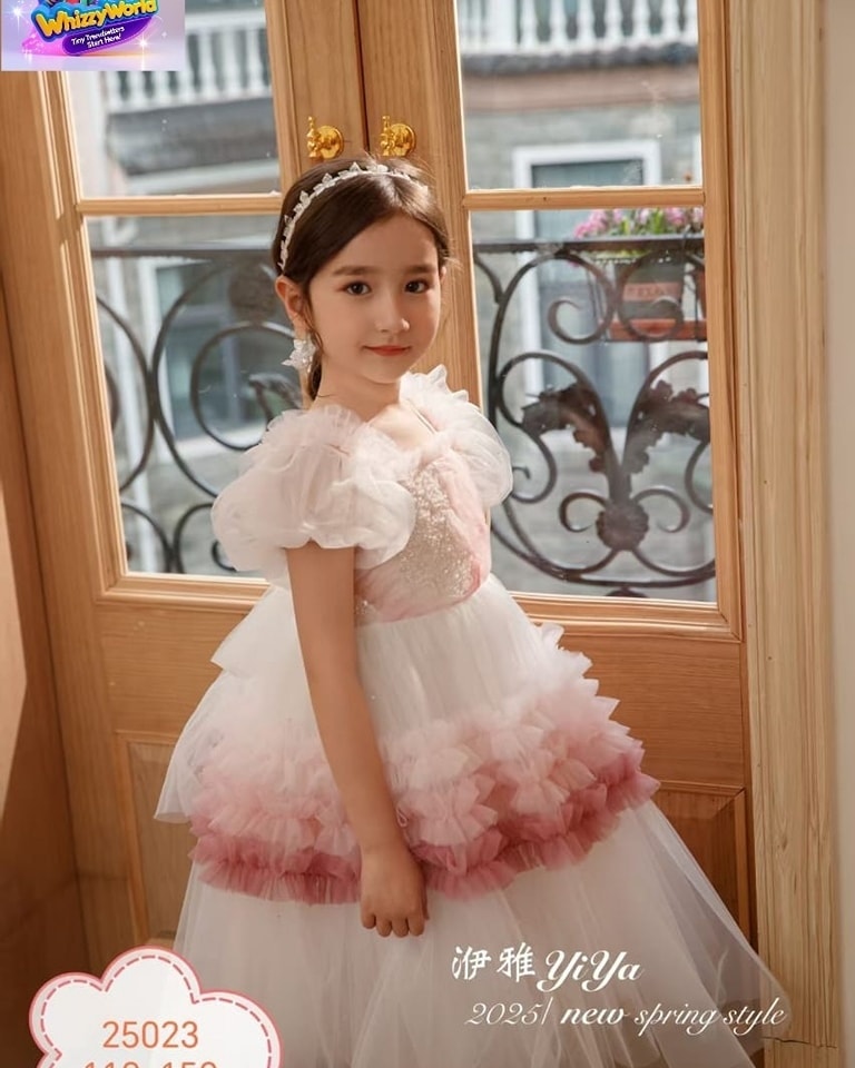 White light pink tulip baby dress with delicate floral patterns, soft breathable girls summer party dress for family gatherings