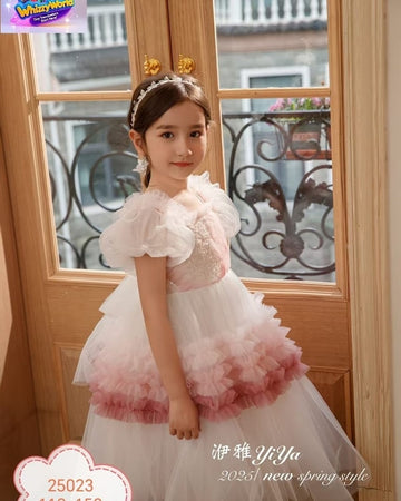 White light pink tulip baby dress with delicate floral patterns, soft breathable girls summer party dress for family gatherings
