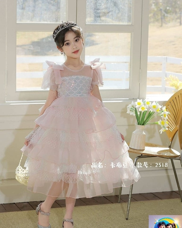 Cute baby pink mermaid summer dress with shiny mermaid scales and pearl accents, magical girls summer party dress for beach water adventures