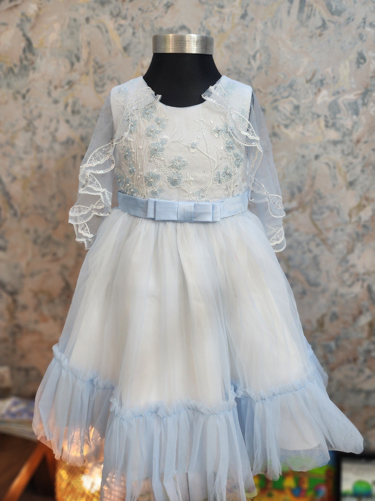 Lite blue princess dress with fluffy layers and matching fancy jacket for baby girls, perfect for magical winter celebrations