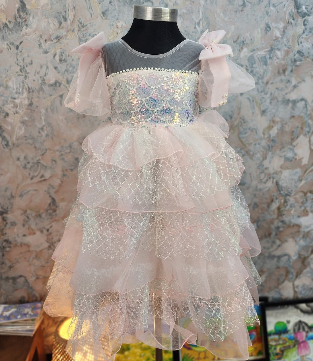 Cute baby pink mermaid summer dress with shiny mermaid scales and pearl accents, magical girls summer party dress for beach water adventures