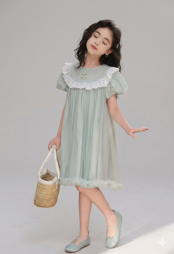 Girls Lace Trim Ruffle Sleeve Dress - Elegant Summer Dress for Little Girls (Ash)