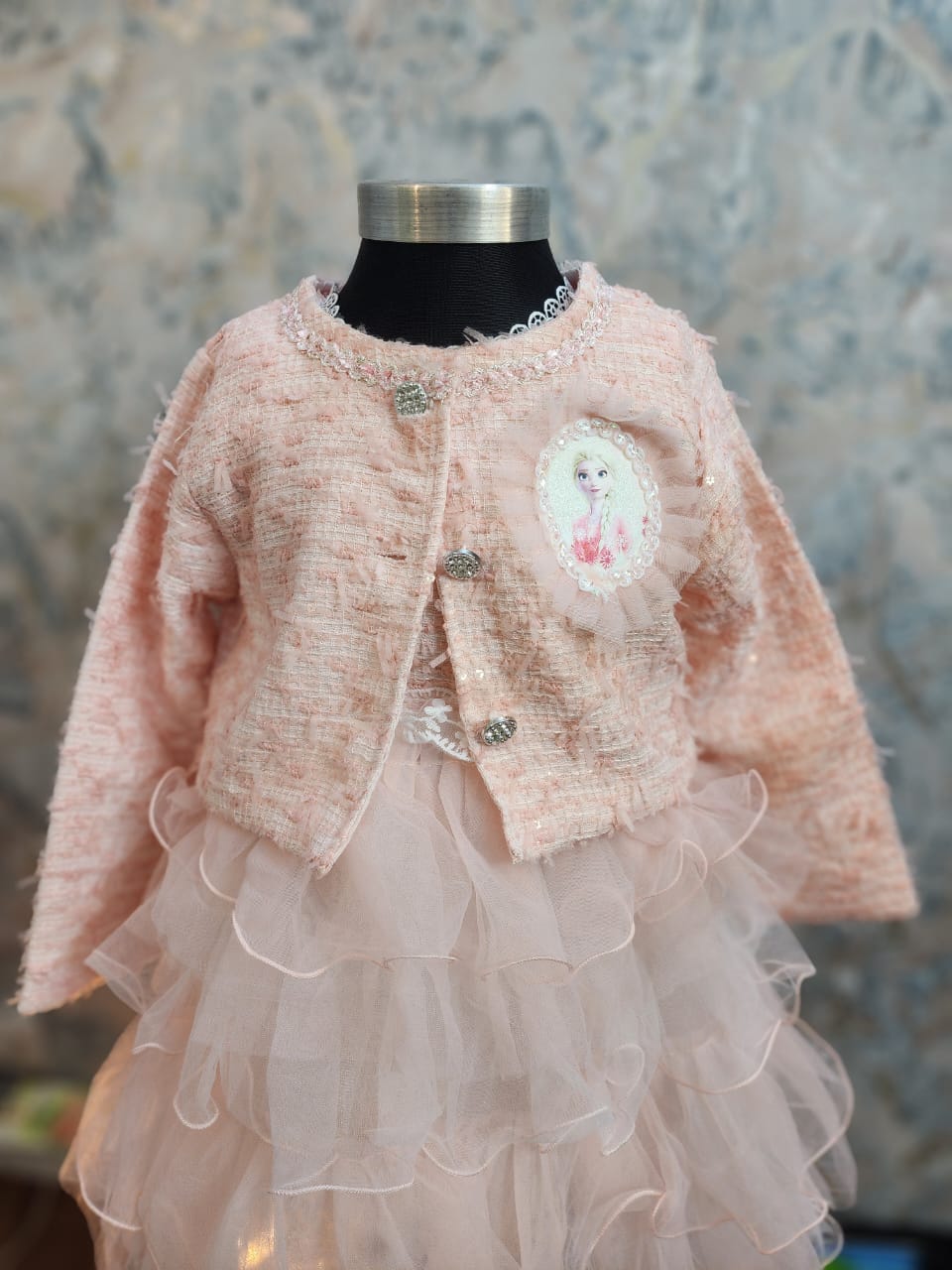 Elegant Baby Girl Winter Dress - Light Pink Multi-Layered Frock with Fancy Jacket