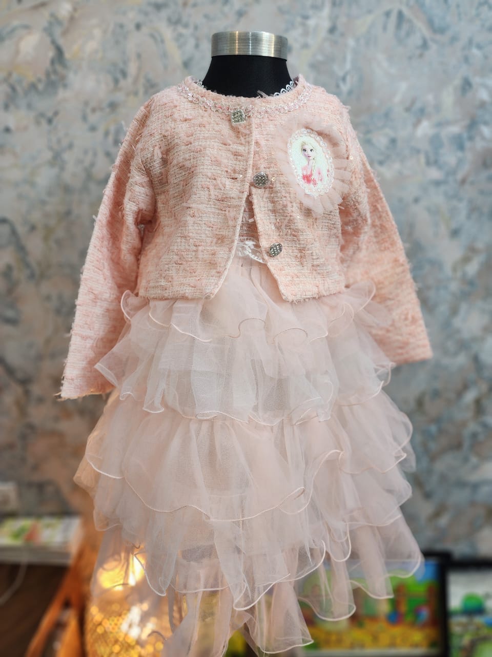 Elegant Baby Girl Winter Dress - Light Pink Multi-Layered Frock with Fancy Jacket