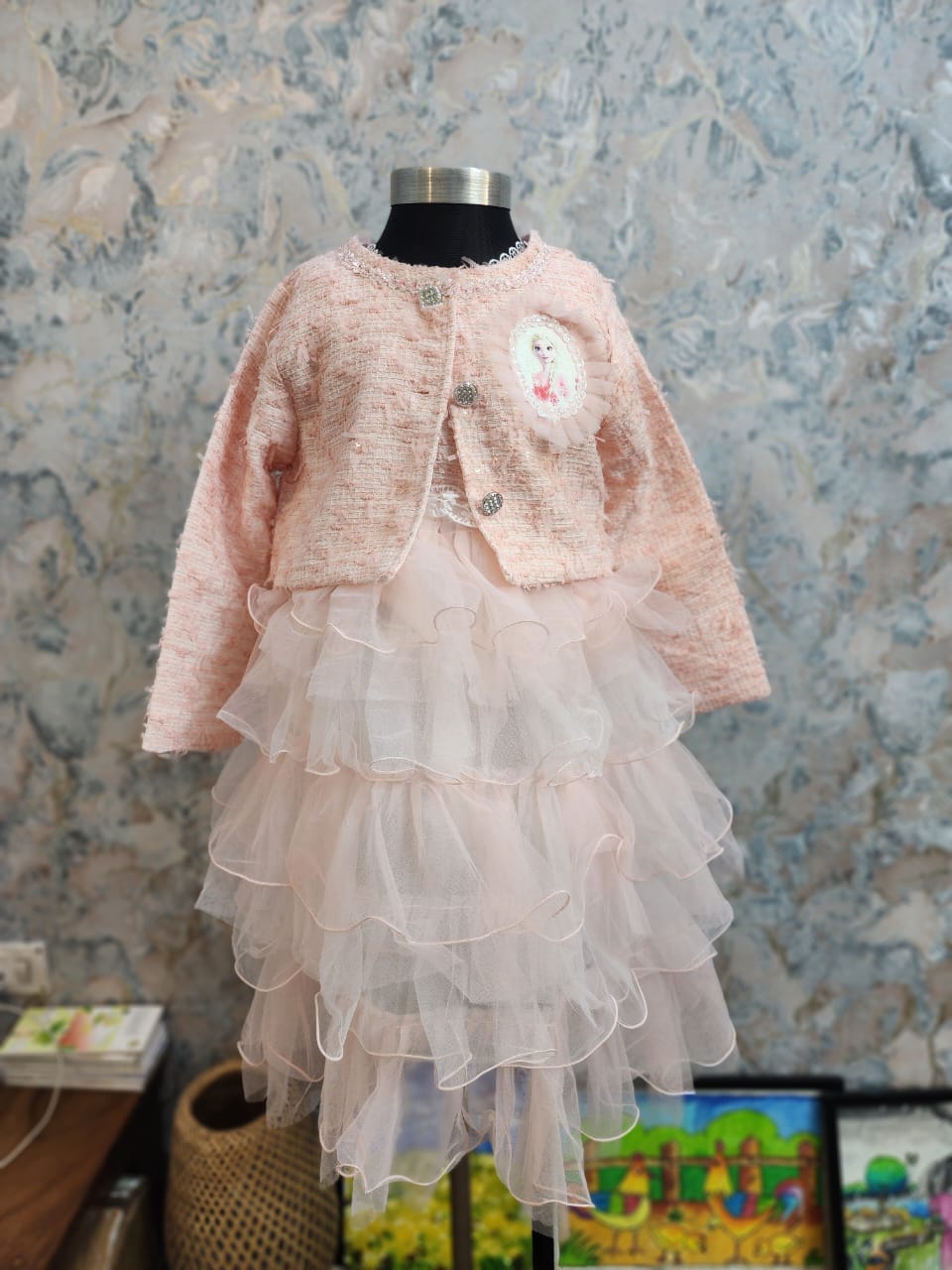 Elegant Baby Girl Winter Dress - Light Pink Multi-Layered Frock with Fancy Jacket