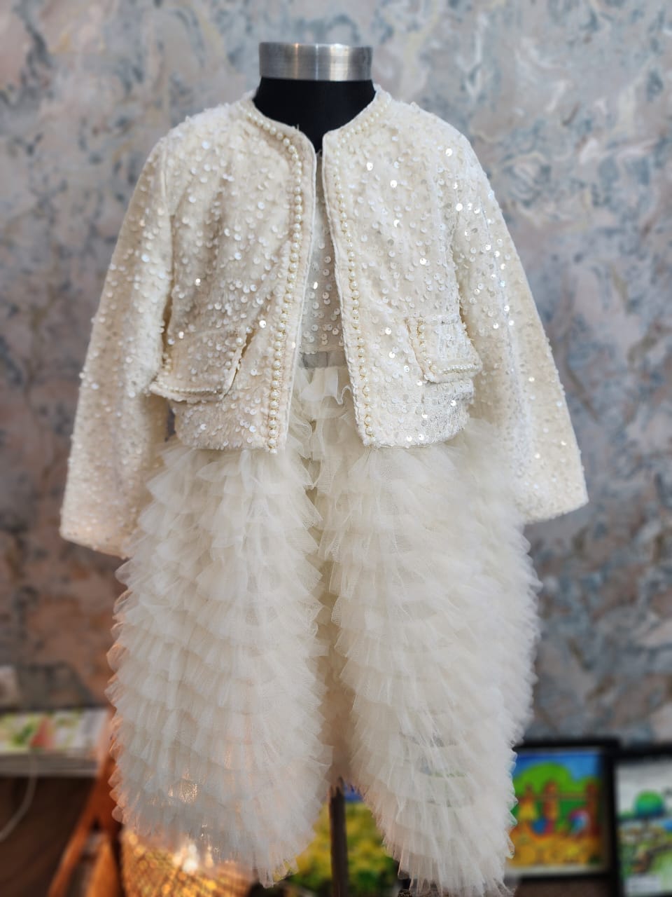 Classic white layered frock baby girl winter dress with matching fancy jacket, elegant design for special celebrations
