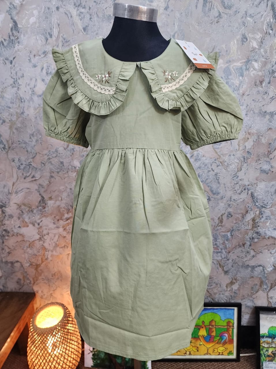 Bamboo Green Peter Pan Collar Cotton Dress for Girls – Classic Short Sleeve Kids Dress Bangladesh