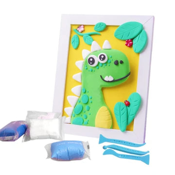 Dinosaur green yellow clay picture frame with awesome 3D air-dry clay prehistoric creature and jungle foliage - adventure craft for dinosaur lovers