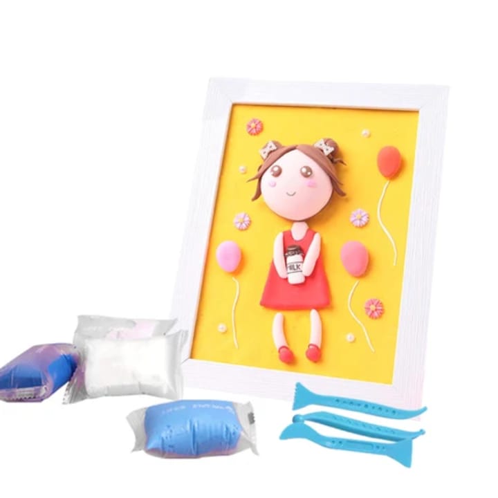 Happy girl yellow clay picture frame with cheerful 3D air-dry clay character, balloons and flowers - joyful kids craft celebrating happines