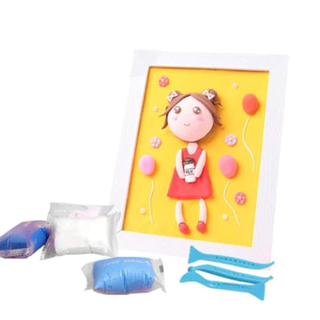 Happy girl yellow clay picture frame with cheerful 3D air-dry clay character, balloons and flowers - joyful kids craft celebrating happines