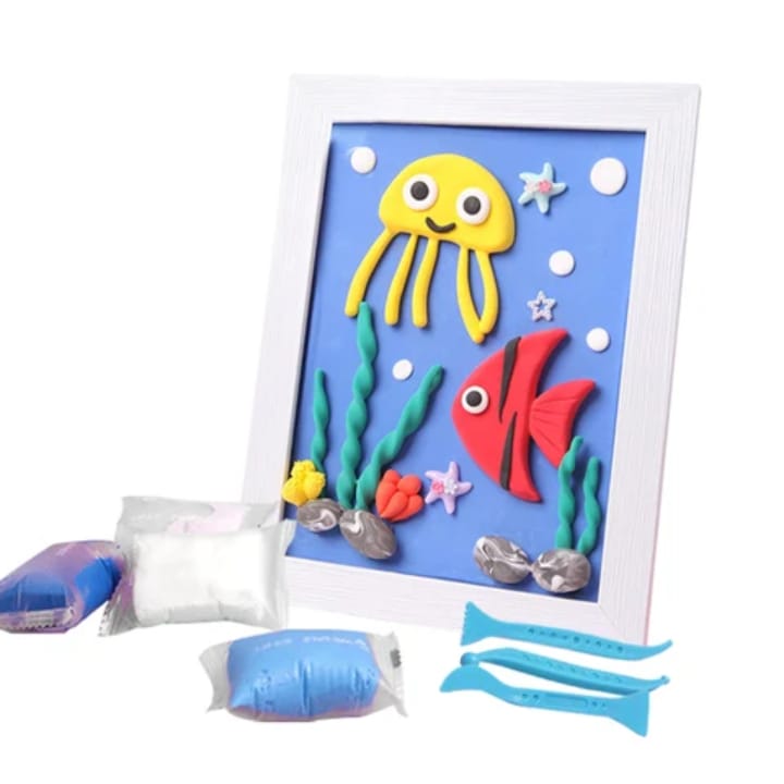Ocean blue jellyfish clay picture frame with marine 3D air-dry clay fish, starfish and sea creatures - underwater kids craft for ocean exploration