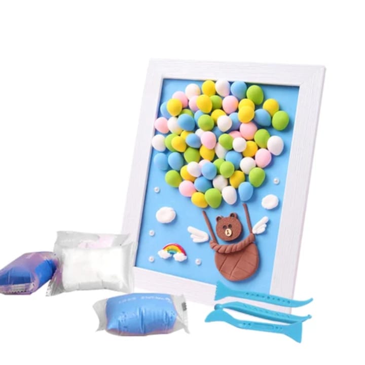 Bear balloon blue clay picture frame with 3D air-dry clay crafts and complete DIY kit - adorable kids creative craft set for artistic expression