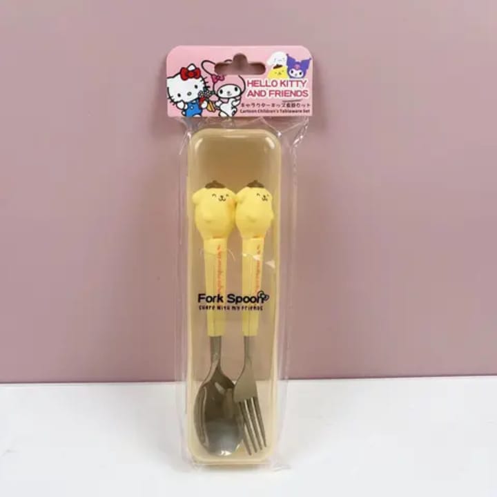 Pompompurin fork spoon set with happy cheerful Sanrio character design - food-grade kids cutlery perfect for school lunches and happy mealtime