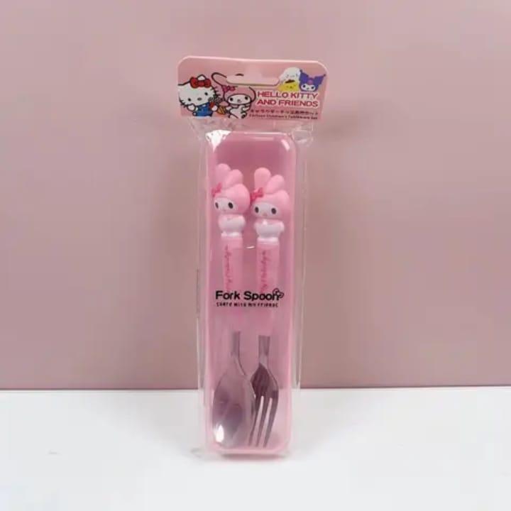 My Melody fork spoon set with cute pink Sanrio character design in colorful colors - food-grade kids cutlery for school lunches and family dining