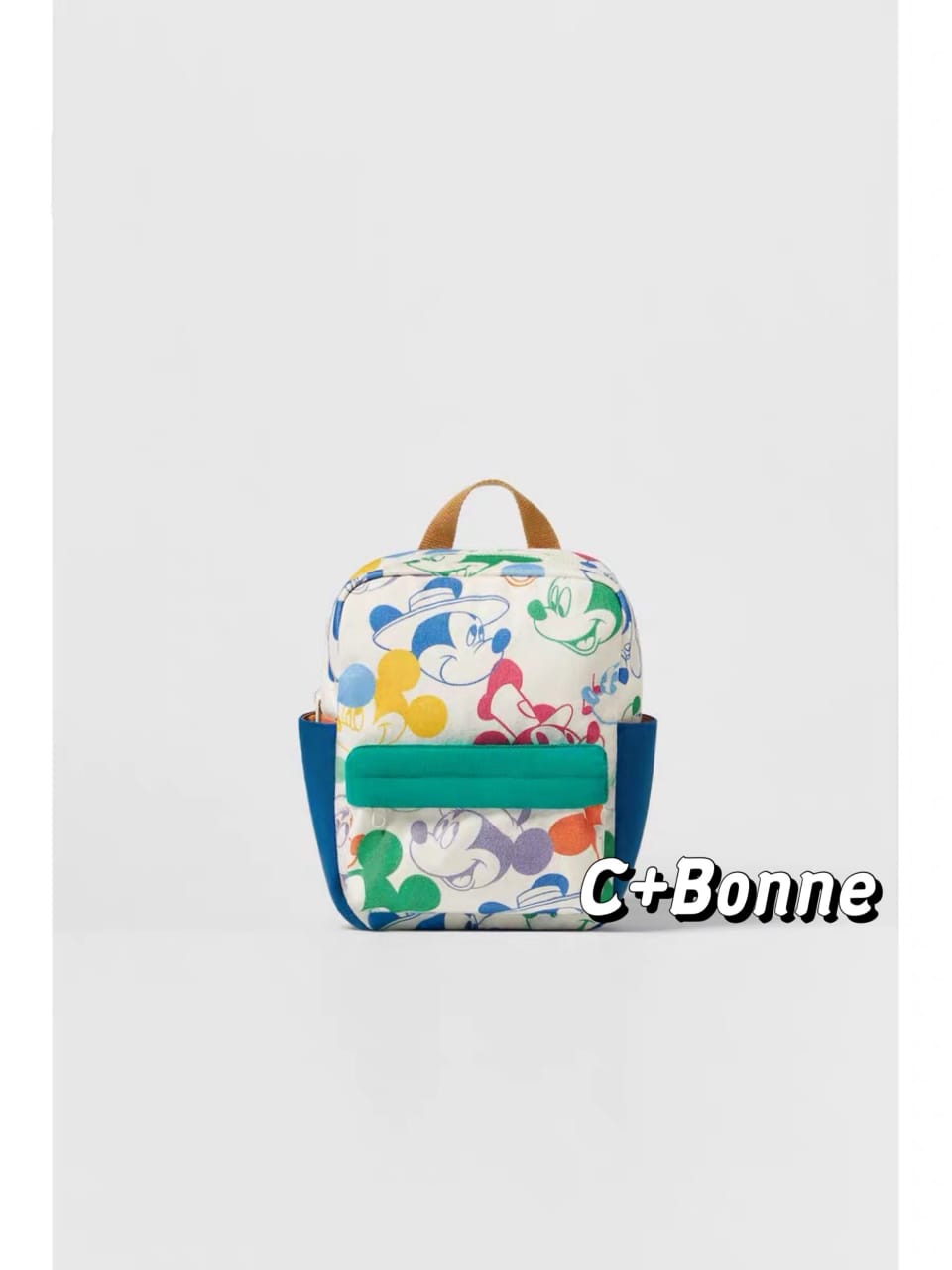 Matching Mickey Mouse Print Backpack - White Patchwork Canvas School Bag with Rain Cover
