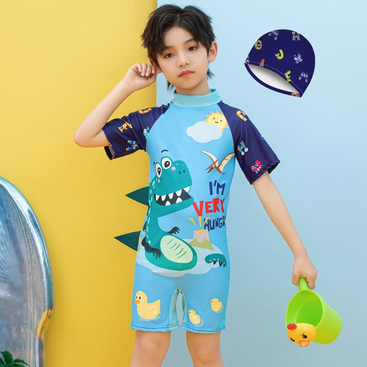 Cool blue cartoon bathing suit for boys with matching swim cap, comfortable quick-dry durable kids swimwear for water activities