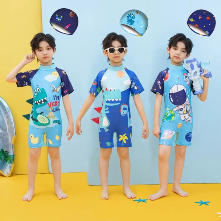 Cartoon Bathing Suit for Boys with Cap - Comfortable, Quick-Drying & Durable Kids Swimwear
