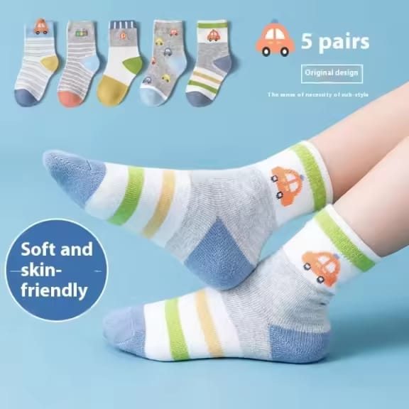 Pack of 5 Kids Premium Cotton Socks Set - Fun Car & Dinosaur Designs for Boys & Girls