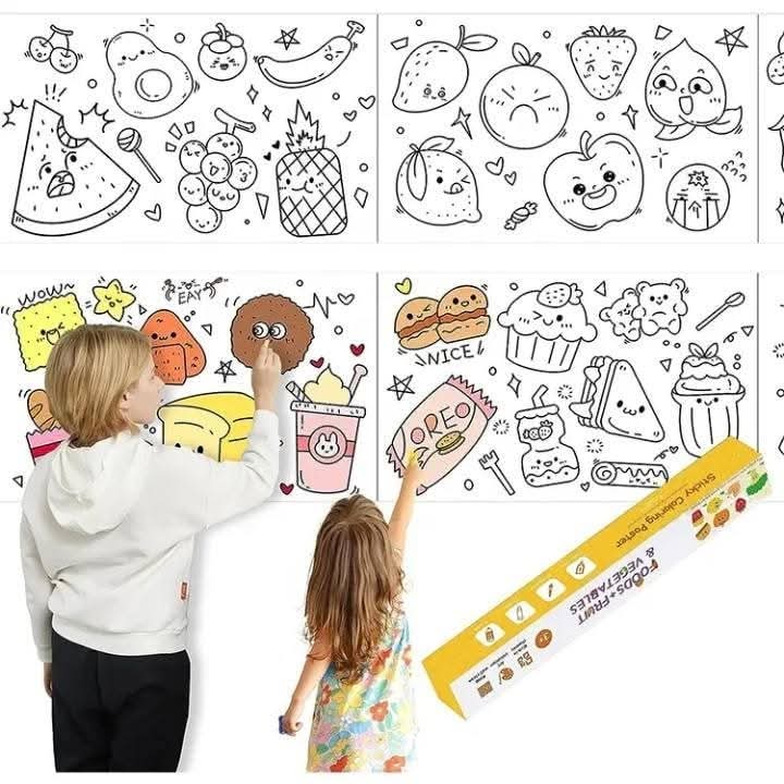 Graffiti scroll coloring paper with whimsical pre-printed doodle designs of fruits, foods and characters - premium kids drawing paper for creative artistic expression