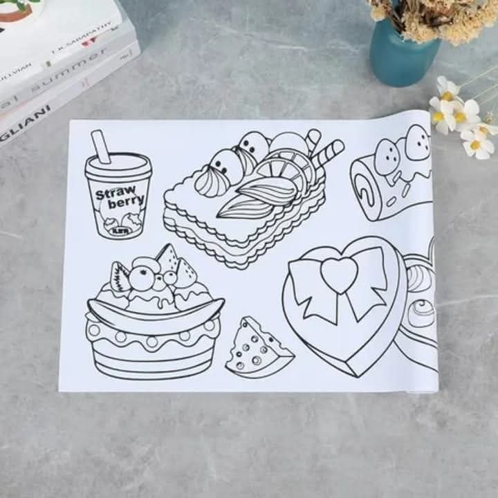 Graffiti scroll coloring paper with whimsical pre-printed doodle designs of fruits, foods and characters - premium kids drawing paper for creative artistic expression