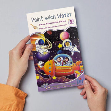 Paint with water space exploration book featuring 9 pages of cosmic astronaut and rocket designs - educational STEM water coloring for space adventure enthusiasts and young learners