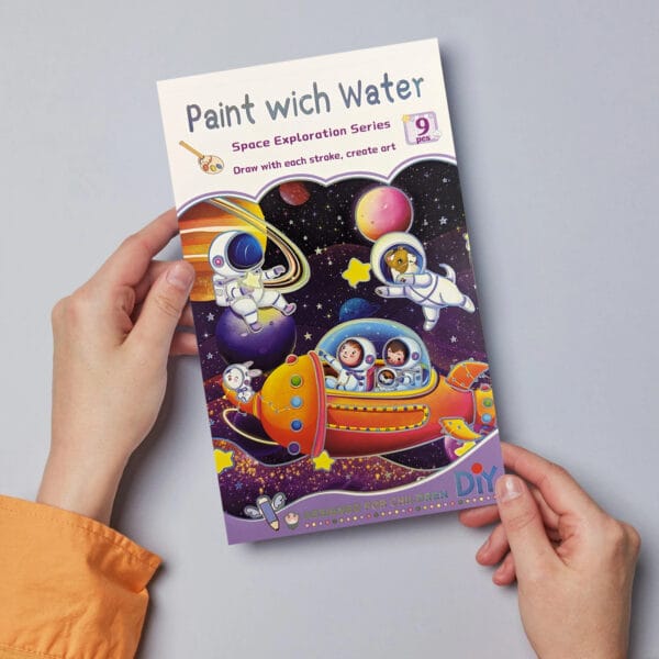 Paint with water space exploration book featuring 9 pages of cosmic astronaut and rocket designs - educational STEM water coloring for space adventure enthusiasts and young learners