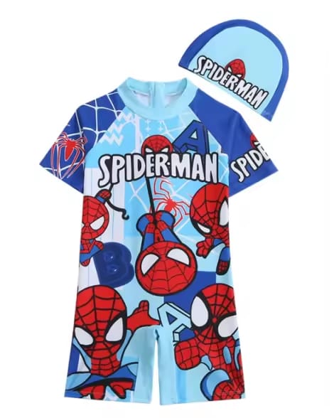 Light blue toddler boys Marvel Spider-Man bathing suit with superhero print, quick-dry one-piece swimwear for pool and beach