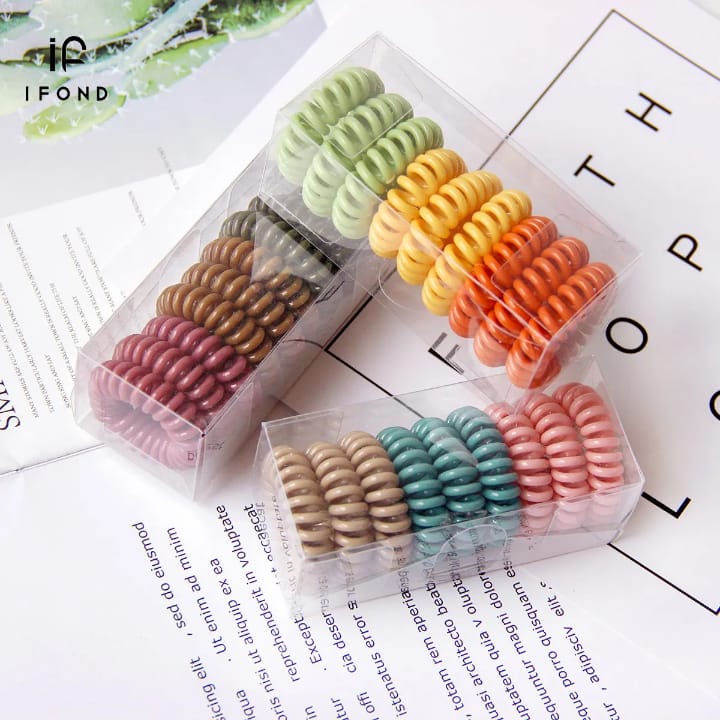 Colorful spiral hair ties ponytail holder set with green black yellow and ash colors, gentle secure hair ties for all ages