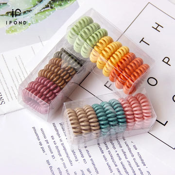 Colorful spiral hair ties ponytail holder set with green black yellow and ash colors, gentle secure hair ties for all ages