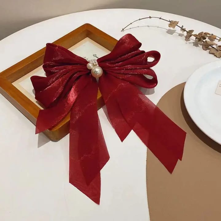 Bow Hair Clip Ribbon Satin Long Pearl – Elegant French Hair Barrettes (Red, Black, Pink)