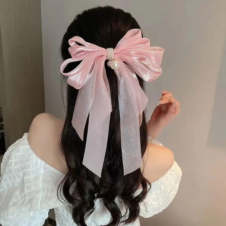 Bow Hair Clip Ribbon Satin Long Pearl – Elegant French Hair Barrettes (Red, Black, Pink)