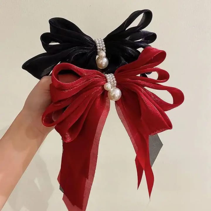 Bow Hair Clip Ribbon Satin Long Pearl – Elegant French Hair Barrettes (Red, Black, Pink)