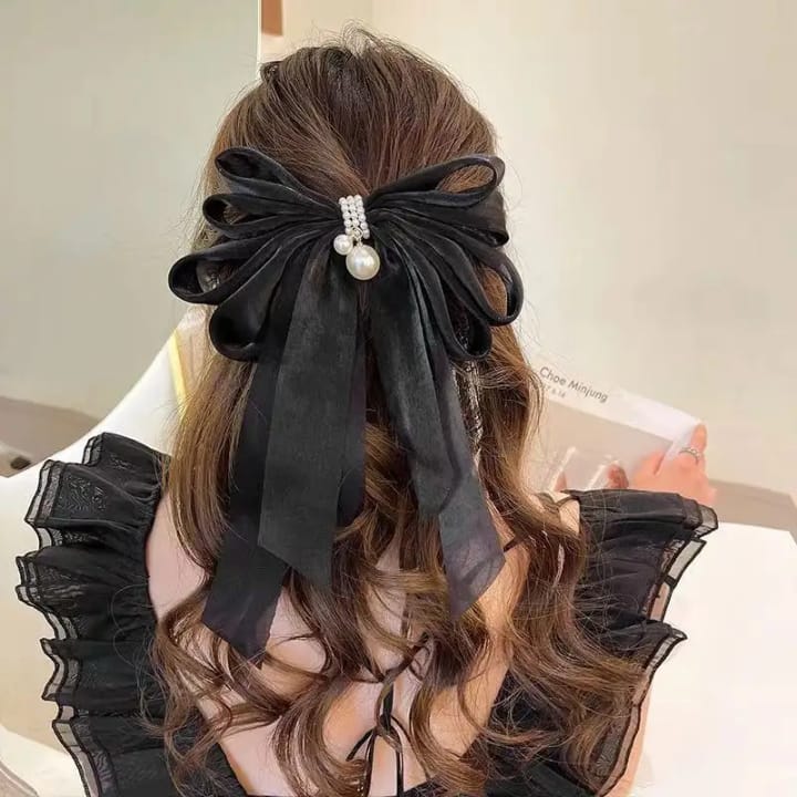 Bow Hair Clip Ribbon Satin Long Pearl – Elegant French Hair Barrettes (Red, Black, Pink)