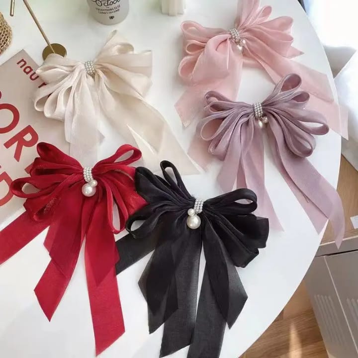 Bow Hair Clip Ribbon Satin Long Pearl – Elegant French Hair Barrettes (Red, Black, Pink)