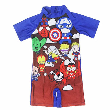 Bright blue cartoon bathing suit for boys with matching swim cap, soft quick-dry kids swimwear for swimming and beach