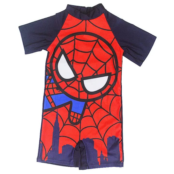 Bold blue Spiderman cartoon bathing suit for boys with matching swim cap, quick-dry kids swimwear for pool and beach