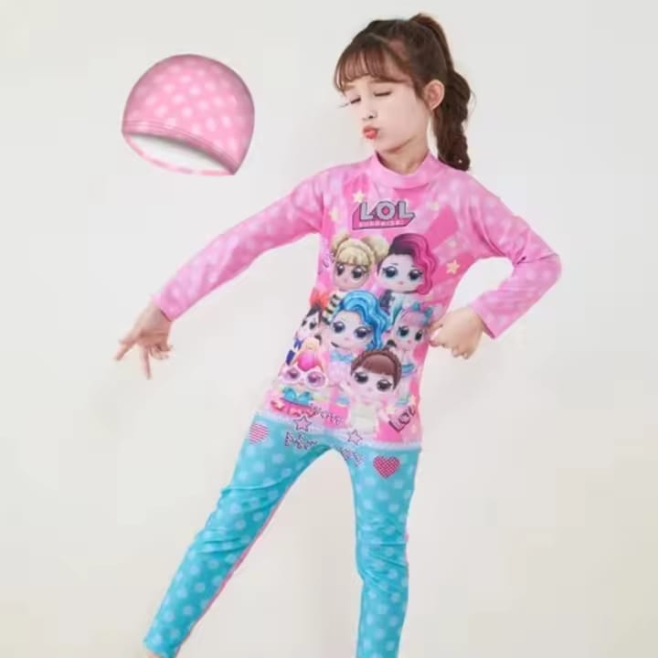 Girls long sleeve modest swimming suit with UPF 50+ protection and mermaid design, maximum sun protection kids swimwear for beach