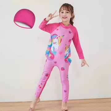 Beautiful pink Unicorn Princess long sleeve swimsuit for girls with UPF protection, magical kids swimwear for beach and pool