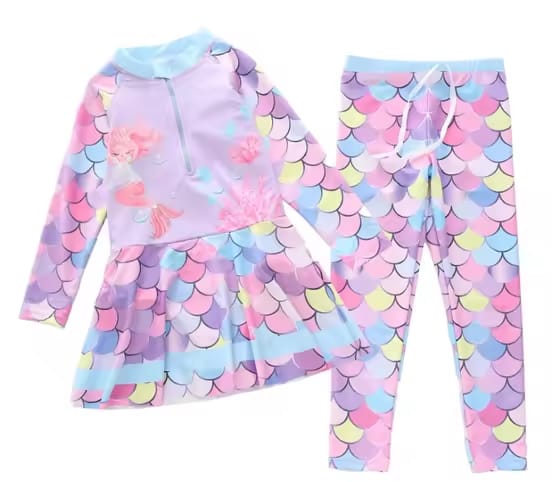 BULLPIANO toddler girls mermaid swimsuit with UPF 50+ protection and matching hat, magical princess kids swimwear for beach safety