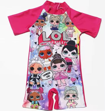 Adorable pink L.O.L. Surprise! girls short sleeve swimming costume with trending character design, quick-dry kids swimwear