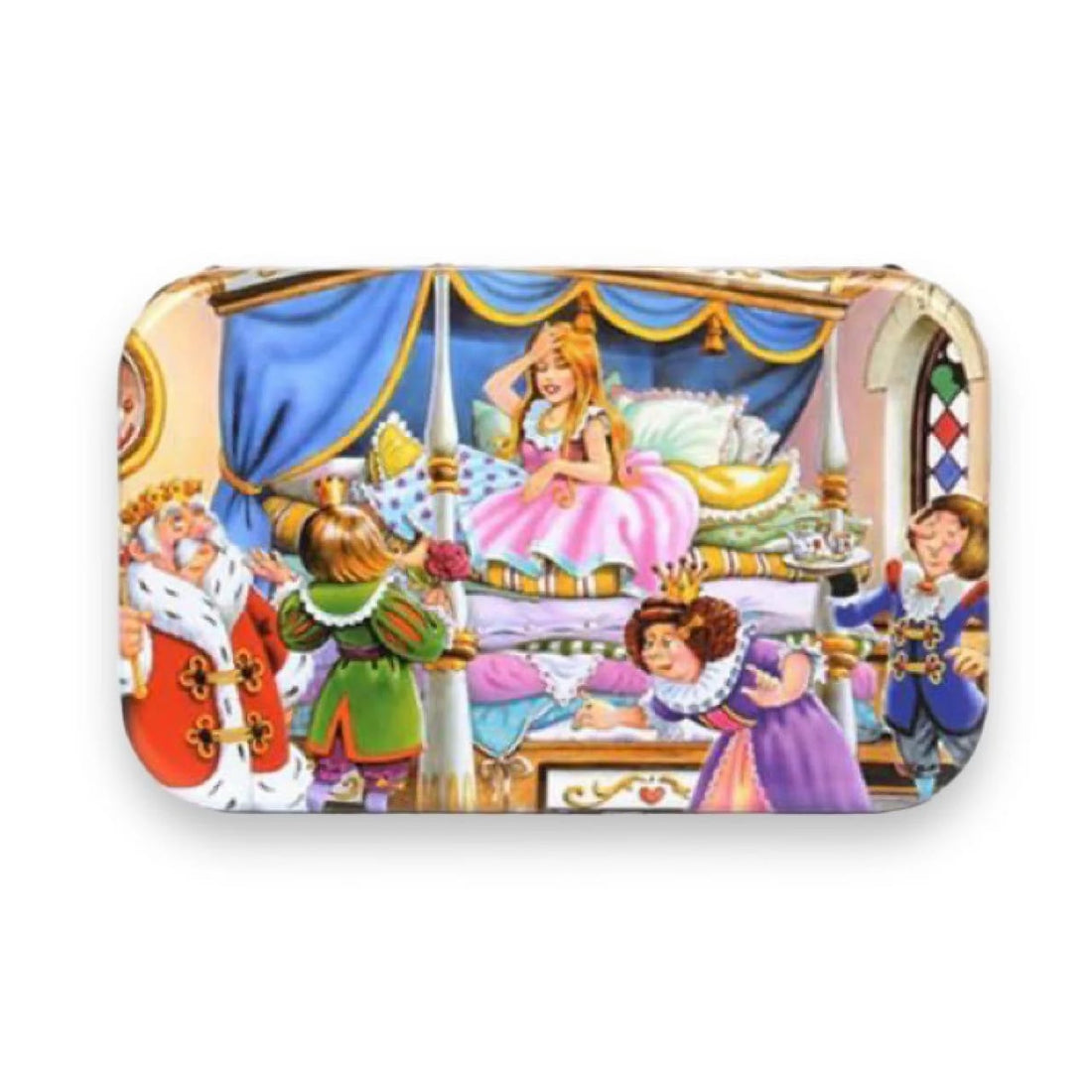 Colorful 60-piece wooden jigsaw puzzle with beloved character designs stored in metal tin, educational kids puzzle for cognitive development