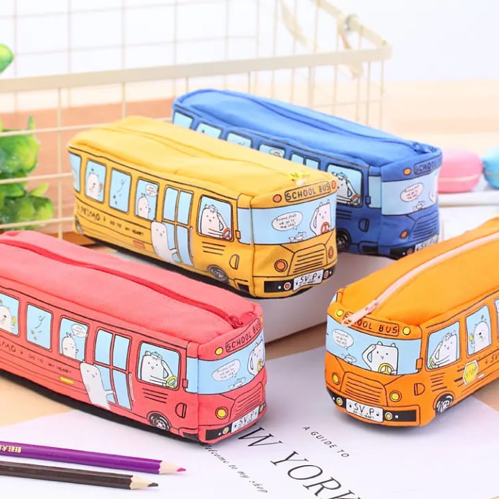 Colorful cartoon bus shape stationery box in blue and orange, large-capacity durable canvas pencil case for kids school supplies and storage