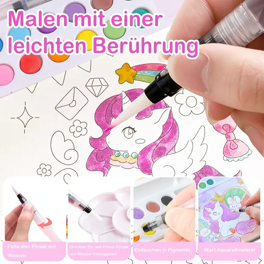 Unicorn Quest watercolor coloring book with fantasy designs and complete premium paint palette set including water brush - enchanting kids art set for magical creative expression